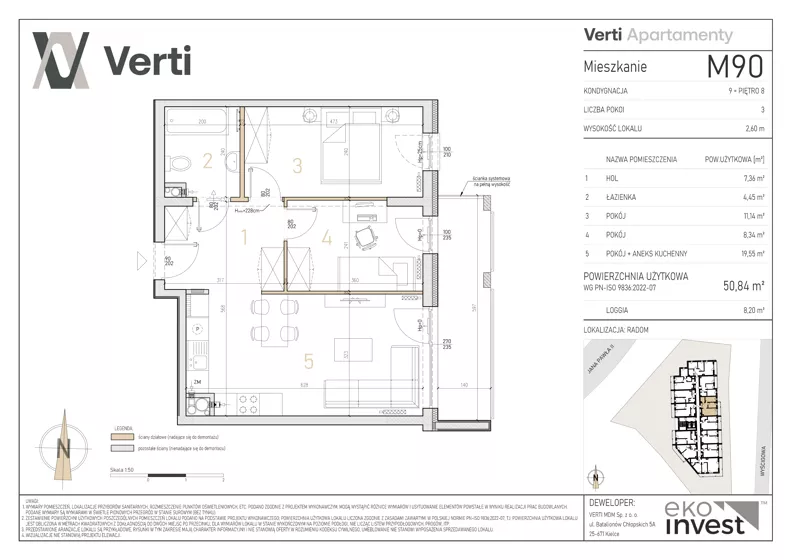 3 pokoje, mieszkanie 50,84 m², piętro 8, oferta nr M90, Apartamenty Verti, Radom, Ustronie, ul. Jana Pawła II / Wyścigowa