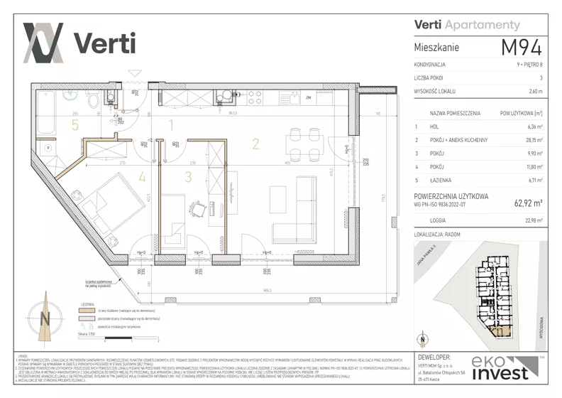 3 pokoje, mieszkanie 62,92 m², piętro 8, oferta nr M94, Apartamenty Verti, Radom, Ustronie, ul. Jana Pawła II / Wyścigowa