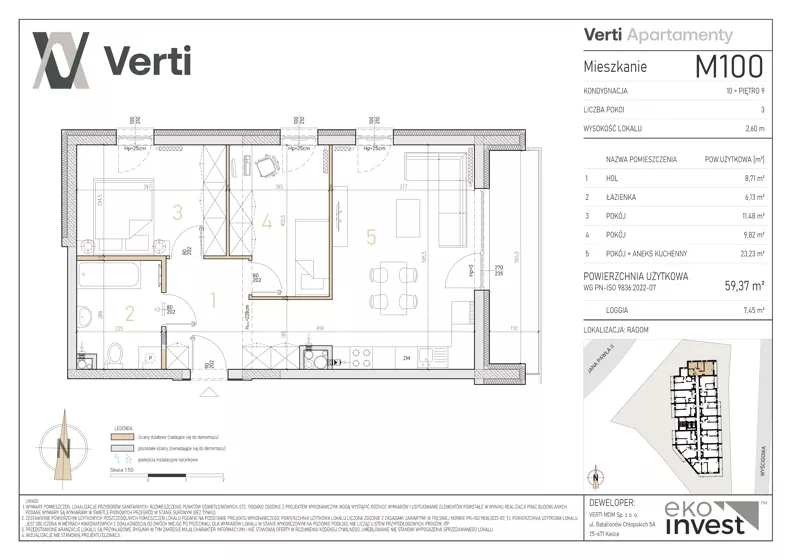 3 pokoje, mieszkanie 59,37 m², piętro 9, oferta nr M100, Apartamenty Verti, Radom, Ustronie, ul. Jana Pawła II / Wyścigowa