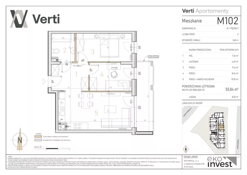 3 pokoje, mieszkanie 50,84 m², piętro 9, oferta nr M102, Apartamenty Verti, Radom, Ustronie, ul. Jana Pawła II / Wyścigowa