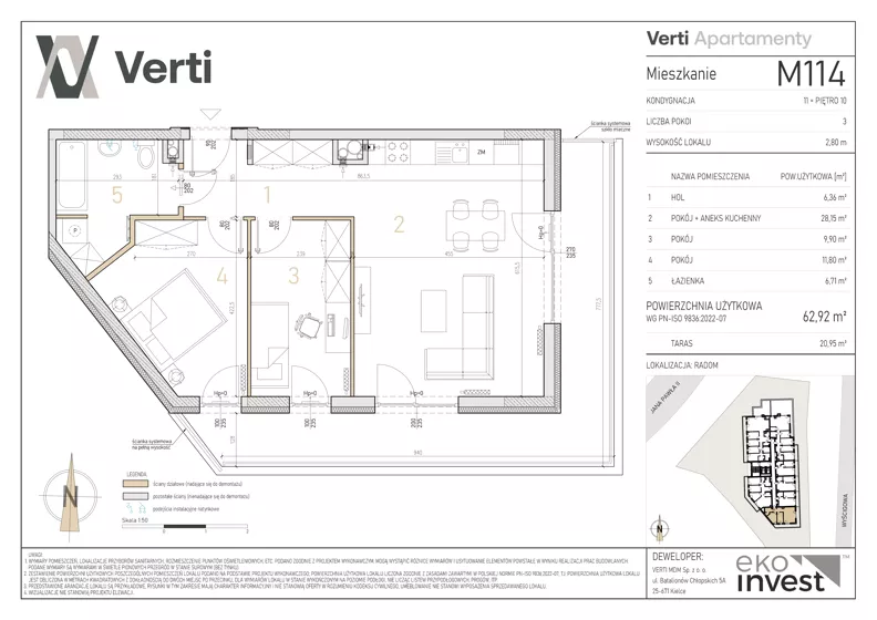 3 pokoje, mieszkanie 62,92 m², piętro 10, oferta nr M114, Apartamenty Verti, Radom, Ustronie, ul. Jana Pawła II / Wyścigowa