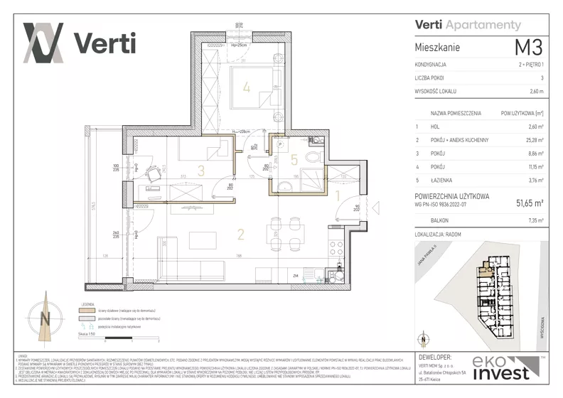 3 pokoje, mieszkanie 51,65 m², piętro 1, oferta nr M3, Apartamenty Verti, Radom, Ustronie, ul. Jana Pawła II / Wyścigowa
