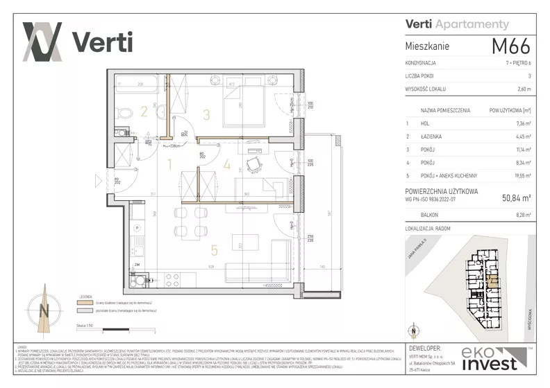 3 pokoje, mieszkanie 50,84 m², piętro 6, oferta nr M66, Apartamenty Verti, Radom, Ustronie, ul. Jana Pawła II / Wyścigowa