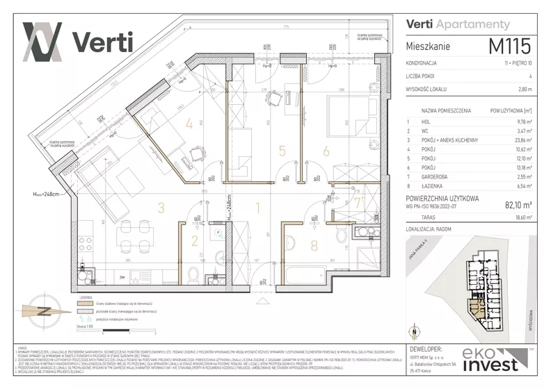 4 pokoje, mieszkanie 82,10 m², piętro 10, oferta nr M115, Apartamenty Verti, Radom, Ustronie, ul. Jana Pawła II / Wyścigowa