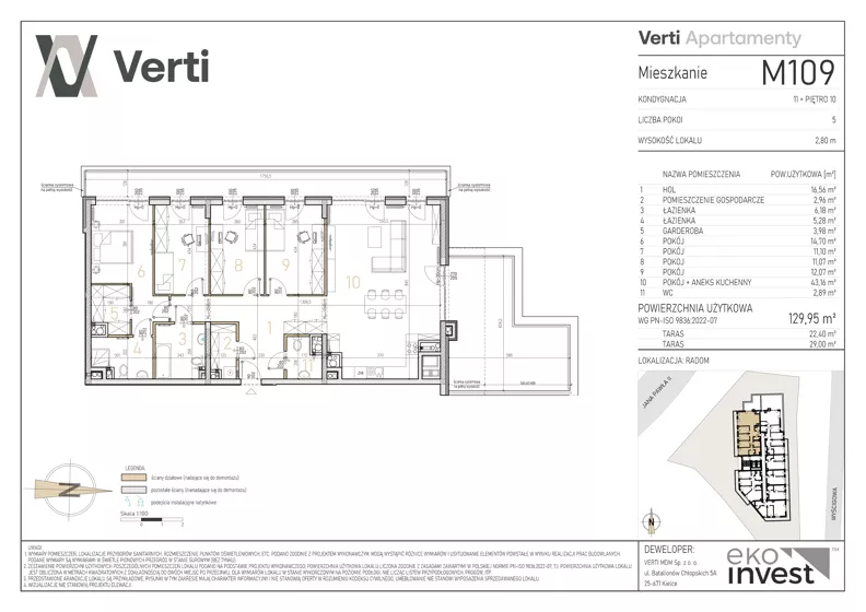 5 pokoi, mieszkanie 129,95 m², piętro 10, oferta nr M109, Apartamenty Verti, Radom, Ustronie, ul. Jana Pawła II / Wyścigowa