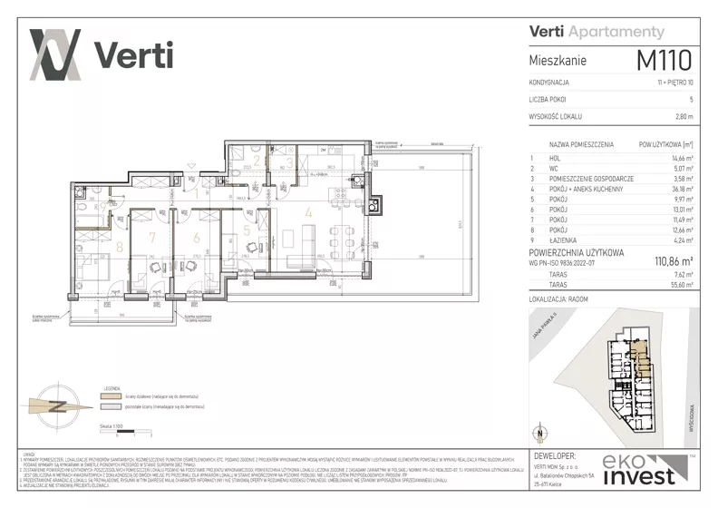 5 pokoi, mieszkanie 110,86 m², piętro 10, oferta nr M110, Apartamenty Verti, Radom, Ustronie, ul. Jana Pawła II / Wyścigowa