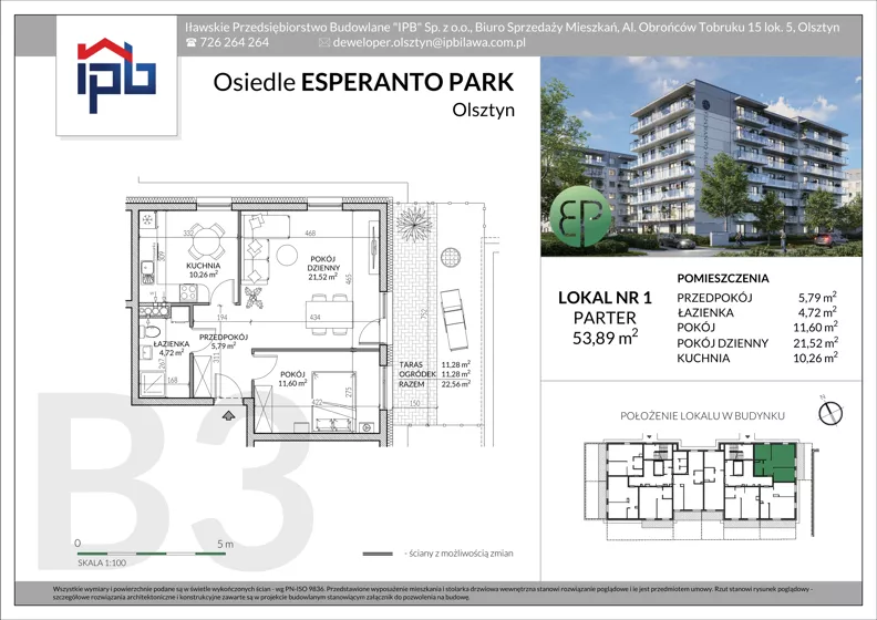 2 pokoje, mieszkanie 53,89 m², parter, oferta nr B3-1, Esperanto Park Budynek B3, Olsztyn, Podleśna, ul. Ludwika Zamenhofa 16d