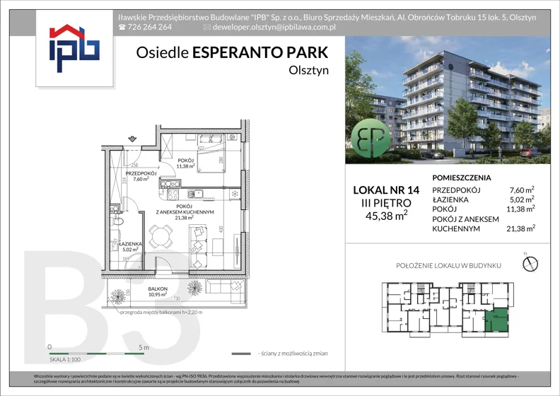 2 pokoje, mieszkanie 45,38 m², piętro 3, oferta nr B3-14, Esperanto Park Budynek B3, Olsztyn, Podleśna, ul. Ludwika Zamenhofa 16d