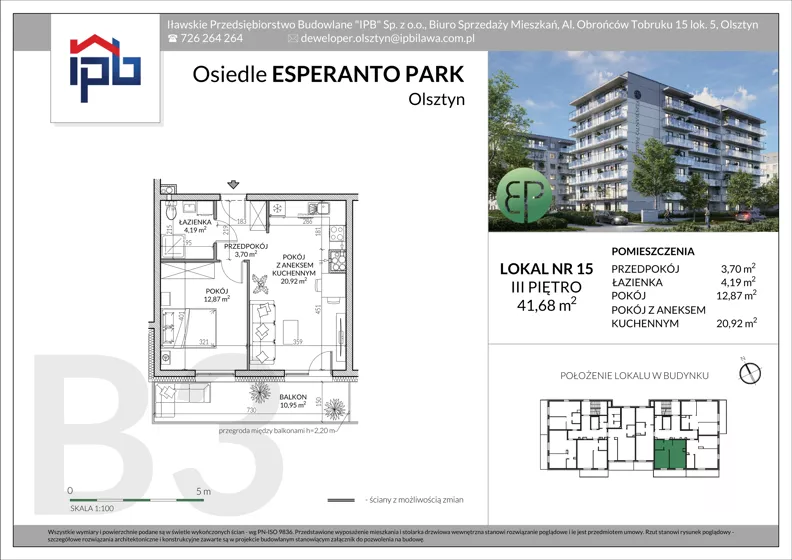 2 pokoje, mieszkanie 41,68 m², piętro 3, oferta nr B3-15, Esperanto Park Budynek B3, Olsztyn, Podleśna, ul. Ludwika Zamenhofa 16d