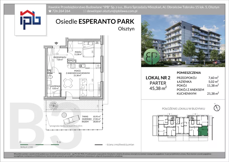 2 pokoje, mieszkanie 45,38 m², parter, oferta nr B3-2, Esperanto Park Budynek B3, Olsztyn, Podleśna, ul. Ludwika Zamenhofa 16d