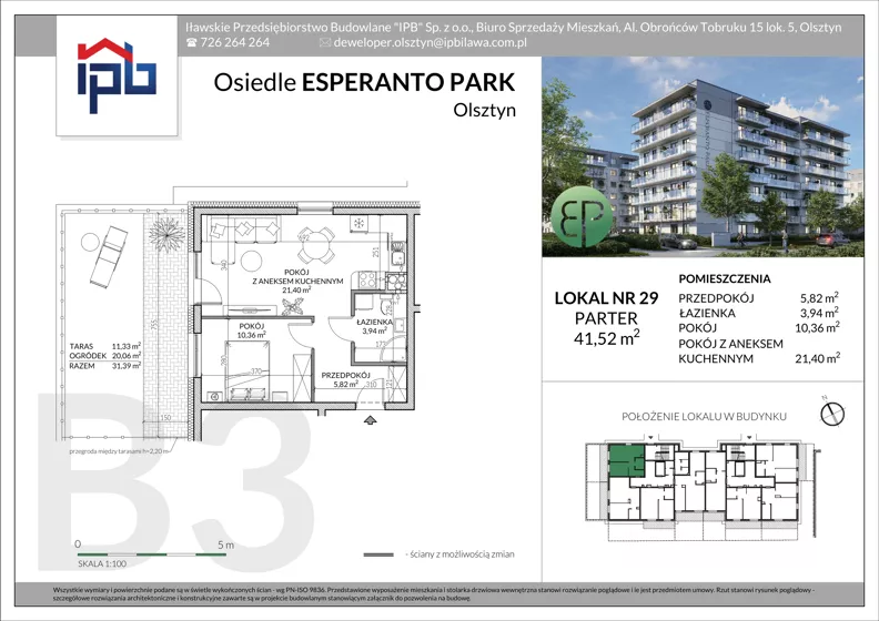 2 pokoje, mieszkanie 41,52 m², parter, oferta nr B3-29, Esperanto Park Budynek B3, Olsztyn, Podleśna, ul. Ludwika Zamenhofa 16d