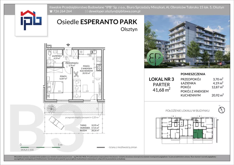 2 pokoje, mieszkanie 41,68 m², parter, oferta nr B3-3, Esperanto Park Budynek B3, Olsztyn, Podleśna, ul. Ludwika Zamenhofa 16d