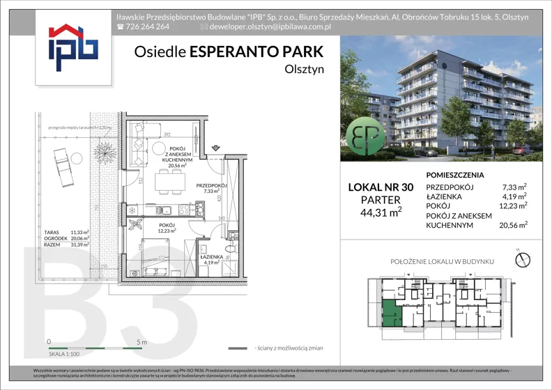 2 pokoje, mieszkanie 44,31 m², parter, oferta nr B3-30, Esperanto Park Budynek B3, Olsztyn, Podleśna, ul. Ludwika Zamenhofa 16d