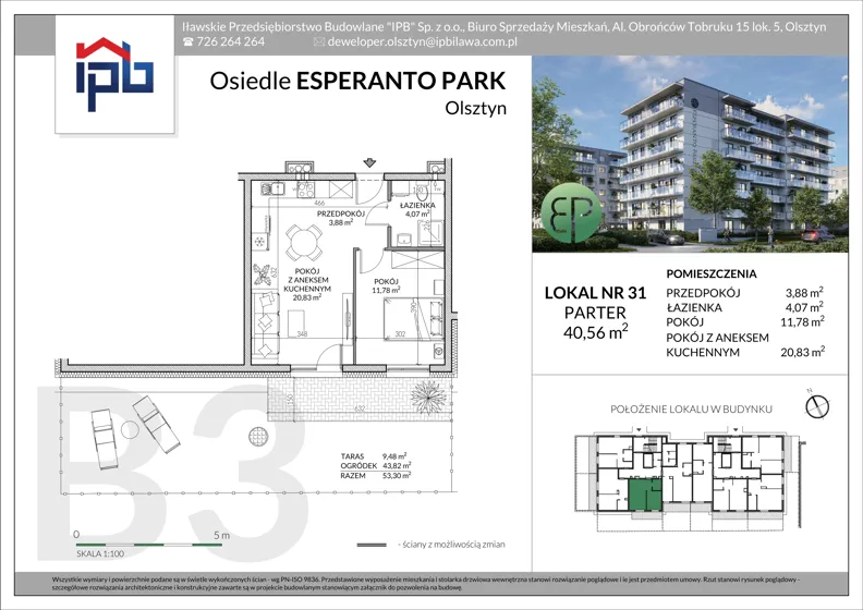 2 pokoje, mieszkanie 40,56 m², parter, oferta nr B3-31, Esperanto Park Budynek B3, Olsztyn, Podleśna, ul. Ludwika Zamenhofa 16d