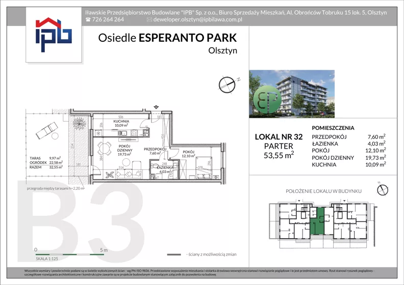 2 pokoje, mieszkanie 53,55 m², parter, oferta nr B3-32, Esperanto Park Budynek B3, Olsztyn, Podleśna, ul. Ludwika Zamenhofa 16d