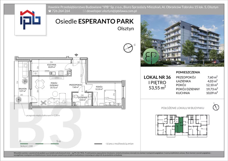 2 pokoje, mieszkanie 53,55 m², piętro 1, oferta nr B3-36, Esperanto Park Budynek B3, Olsztyn, Podleśna, ul. Ludwika Zamenhofa 16d
