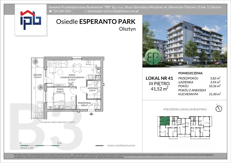 2 pokoje, mieszkanie 41,52 m², piętro 3, oferta nr B3-41, Esperanto Park Budynek B3, Olsztyn, Podleśna, ul. Ludwika Zamenhofa 16d