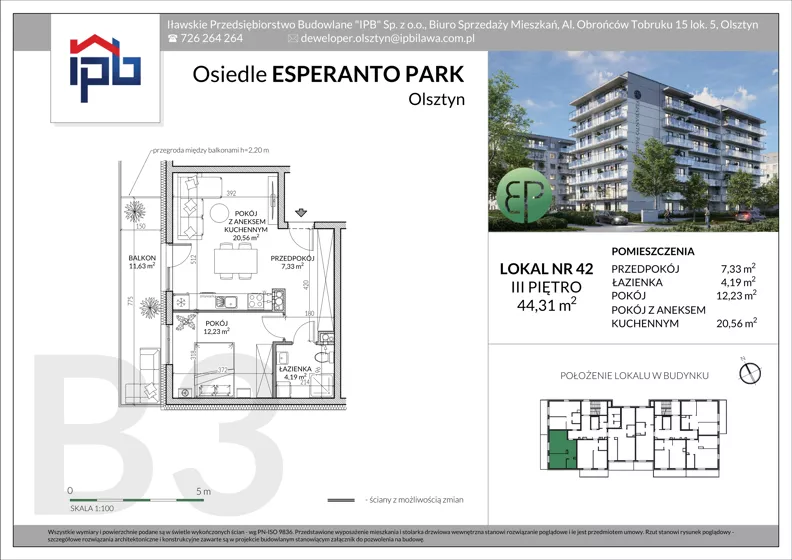 2 pokoje, mieszkanie 44,31 m², piętro 3, oferta nr B3-42, Esperanto Park Budynek B3, Olsztyn, Podleśna, ul. Ludwika Zamenhofa 16d