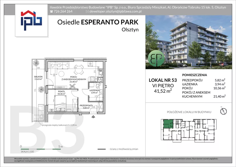 2 pokoje, mieszkanie 41,52 m², piętro 6, oferta nr B3-53, Esperanto Park Budynek B3, Olsztyn, Podleśna, ul. Ludwika Zamenhofa 16d