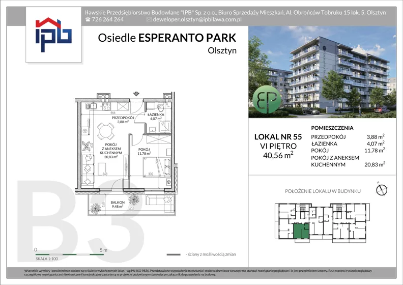 2 pokoje, mieszkanie 40,56 m², piętro 6, oferta nr B3-55, Esperanto Park Budynek B3, Olsztyn, Podleśna, ul. Ludwika Zamenhofa 16d