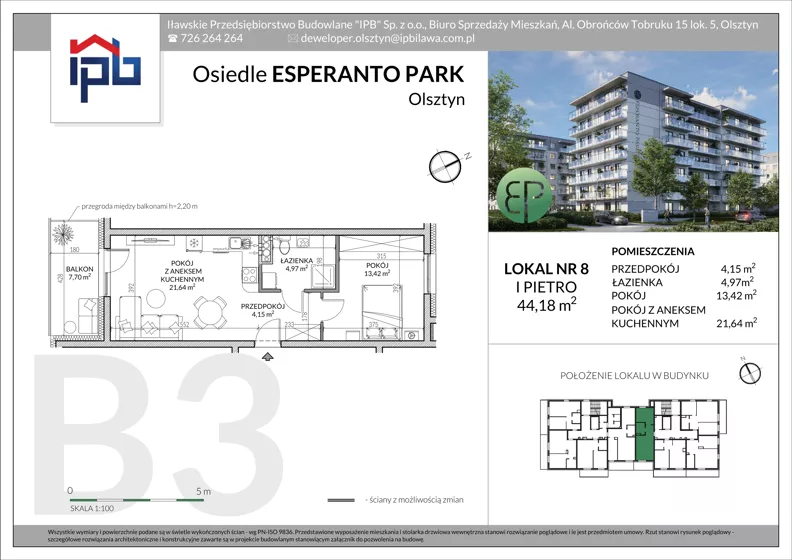 2 pokoje, mieszkanie 44,18 m², piętro 1, oferta nr B3-8, Esperanto Park Budynek B3, Olsztyn, Podleśna, ul. Ludwika Zamenhofa 16d