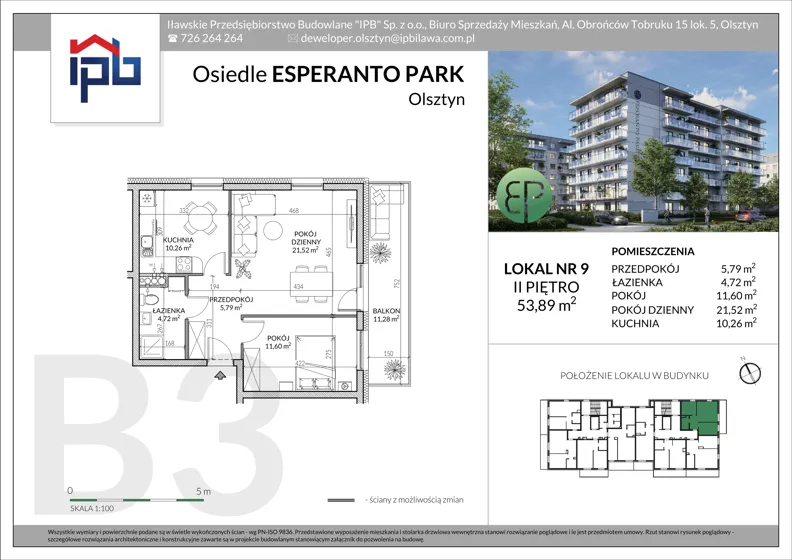 2 pokoje, mieszkanie 53,89 m², piętro 2, oferta nr B3-9, Esperanto Park Budynek B3, Olsztyn, Podleśna, ul. Ludwika Zamenhofa 16d