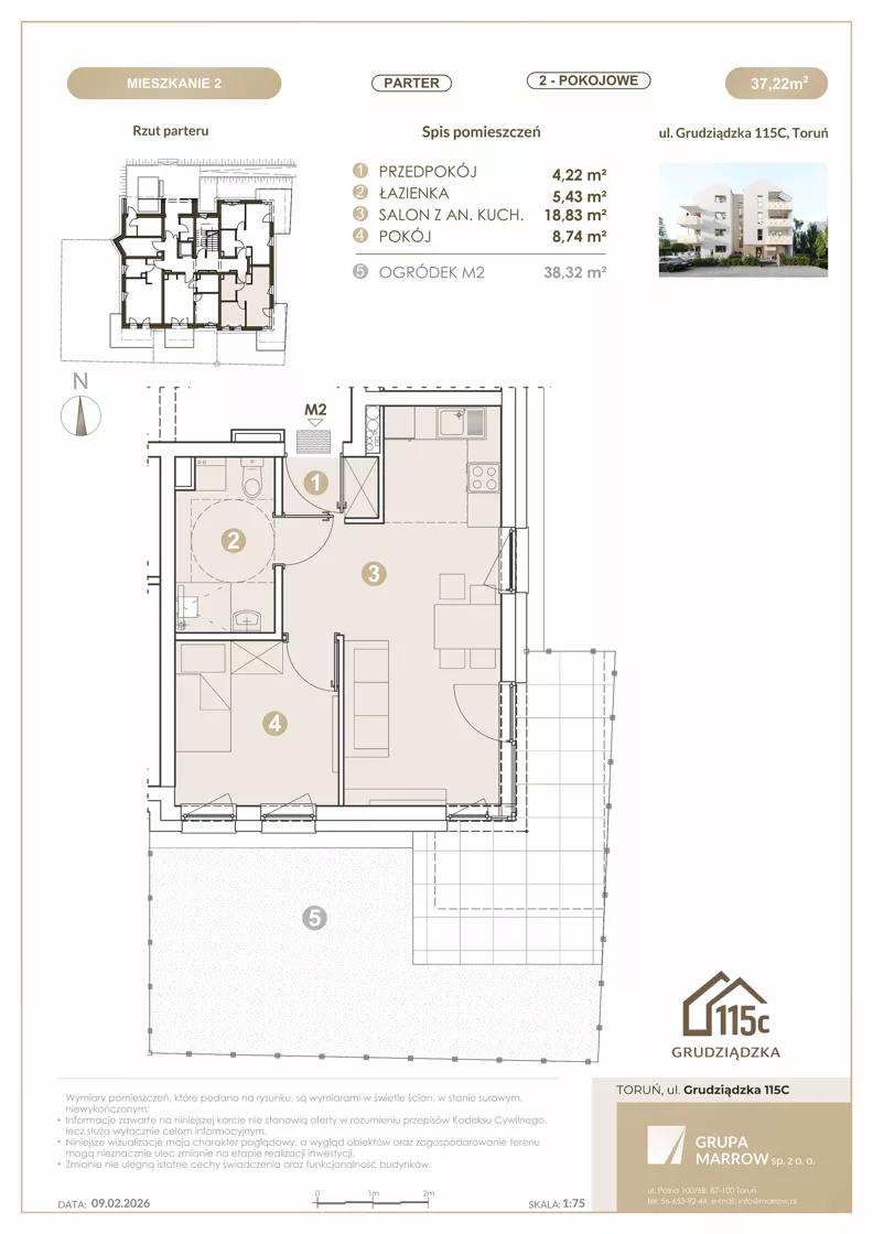 2 pokoje, mieszkanie 37,22 m², parter, oferta nr 2, Grudziądzka 115 C, Toruń, Koniuchy, ul. Grudziądzka 115c