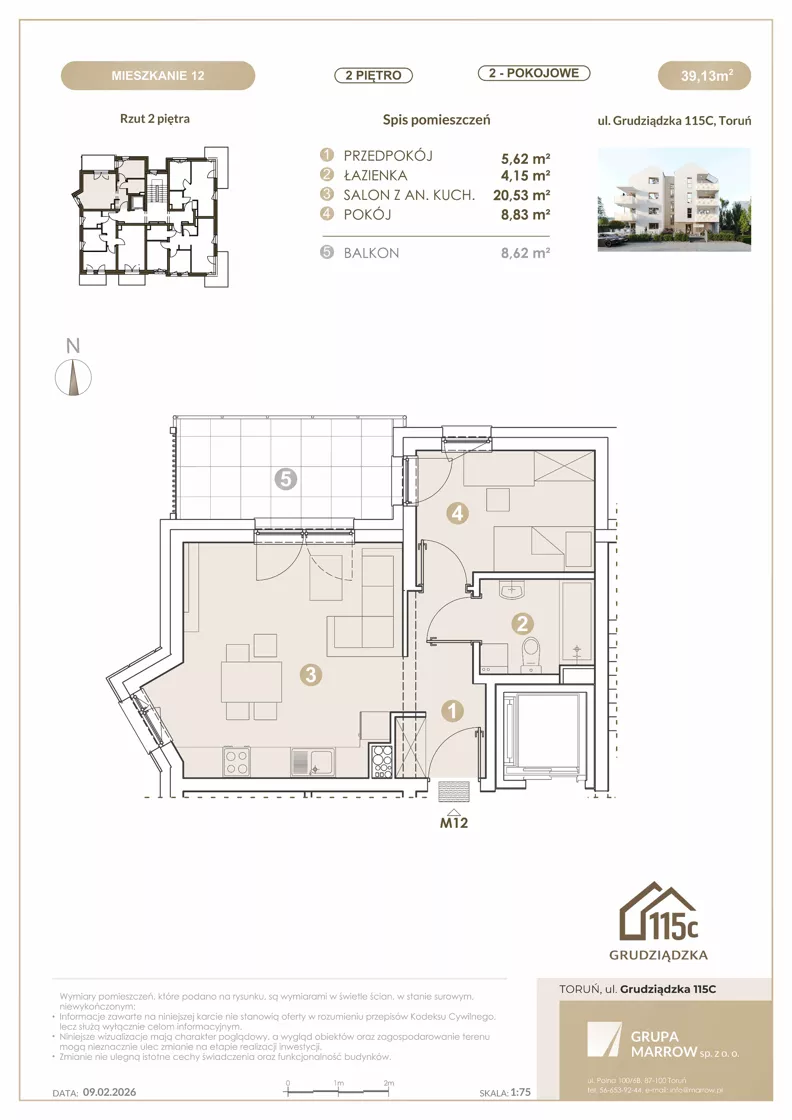 2 pokoje, mieszkanie 39,13 m², piętro 2, oferta nr 12, Grudziądzka 115 C, Toruń, Koniuchy, ul. Grudziądzka 115c