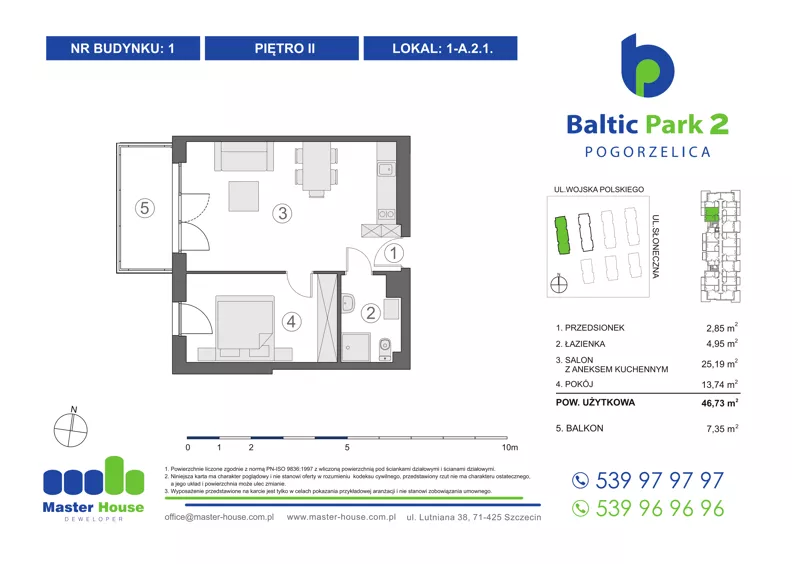 2 pokoje, apartament inwestycyjny 47,10 m², piętro 2, oferta nr 1-A.2.1, Baltic Park 2, Pogorzelica, ul. Wojska Polskiego