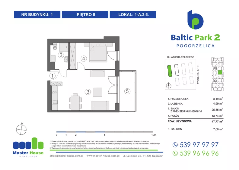 2 pokoje, apartament inwestycyjny 48,13 m², piętro 2, oferta nr 1-A.2.6, Baltic Park 2, Pogorzelica, ul. Wojska Polskiego