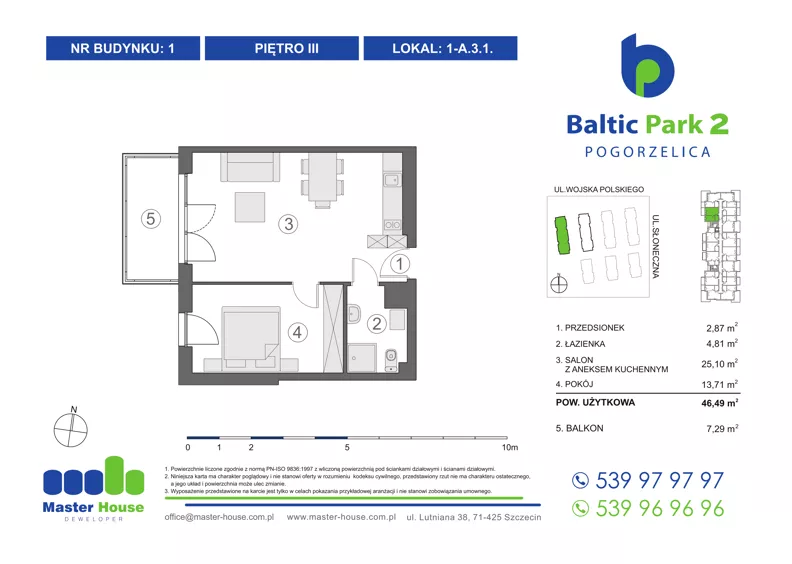 2 pokoje, apartament inwestycyjny 46,92 m², piętro 3, oferta nr 1-A.3.1, Baltic Park 2, Pogorzelica, ul. Wojska Polskiego