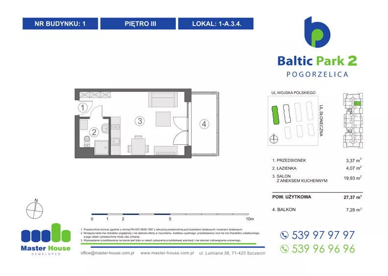 1 pokój, apartament inwestycyjny 27,78 m², piętro 3, oferta nr 1-A.3.4, Baltic Park 2, Pogorzelica, ul. Wojska Polskiego
