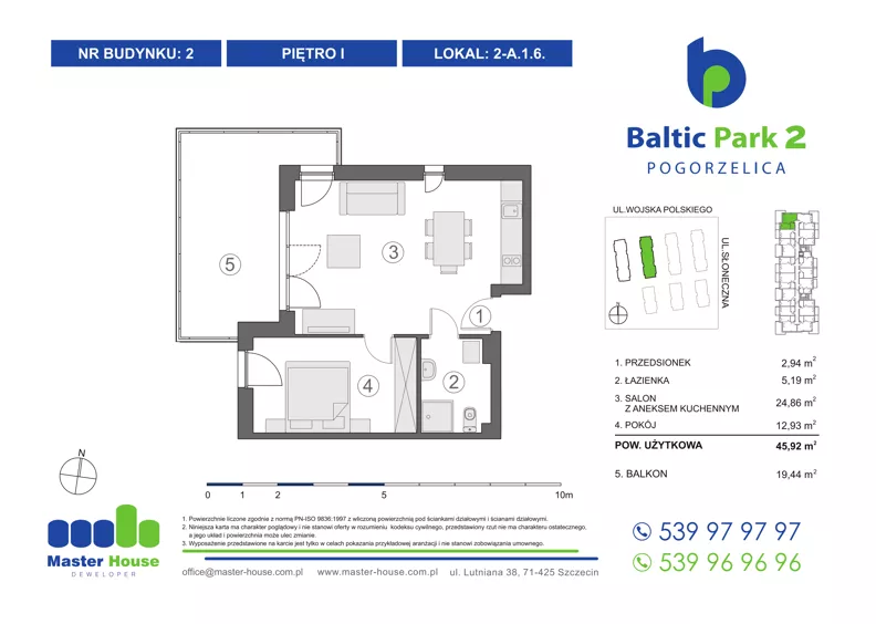 2 pokoje, apartament inwestycyjny 46,63 m², piętro 1, oferta nr 2-A1.6, Baltic Park 2, Pogorzelica, ul. Wojska Polskiego