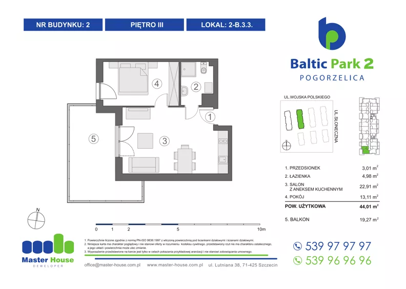 2 pokoje, apartament inwestycyjny 44,29 m², piętro 3, oferta nr 2-B.3.3, Baltic Park 2, Pogorzelica, ul. Wojska Polskiego