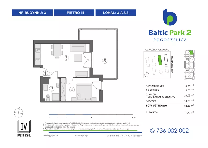 2 pokoje, apartament inwestycyjny 44,29 m², piętro 3, oferta nr 3-A.3.3, Baltic Park 2 - Etap III, Pogorzelica, ul. Wojska Polskiego