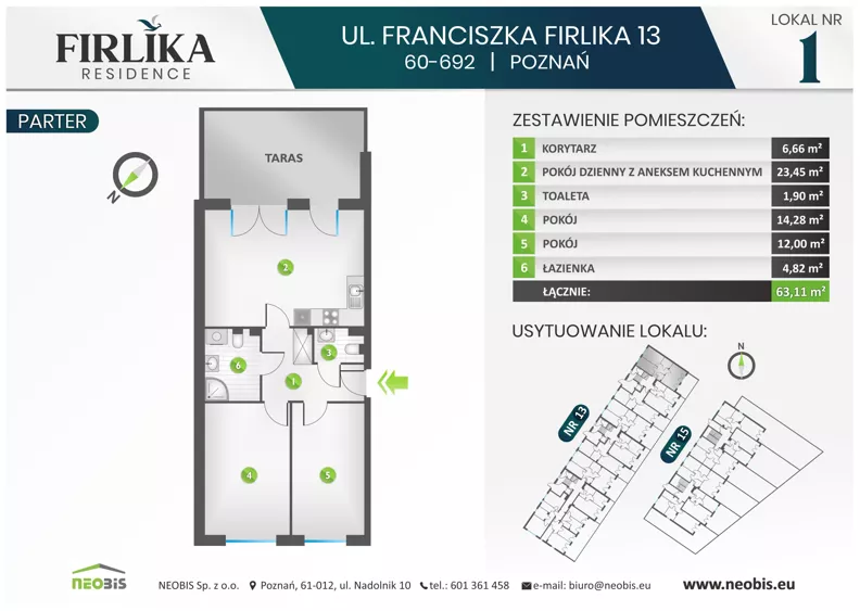 3 pokoje, mieszkanie 63,11 m², parter, oferta nr 13/1, Firlika, Poznań, Piątkowo, Podolany, Ul. Franciszka Firlika 13, 15