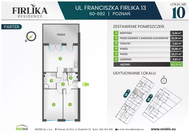 3 pokoje, mieszkanie 60,35 m², parter, oferta nr 13/10, Firlika, Poznań, Piątkowo, Podolany, Ul. Franciszka Firlika 13, 15