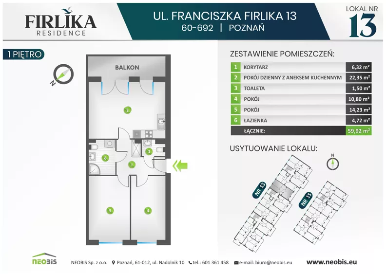 3 pokoje, mieszkanie 59,92 m², piętro 1, oferta nr 13/13, Firlika, Poznań, Piątkowo, Podolany, Ul. Franciszka Firlika 13, 15