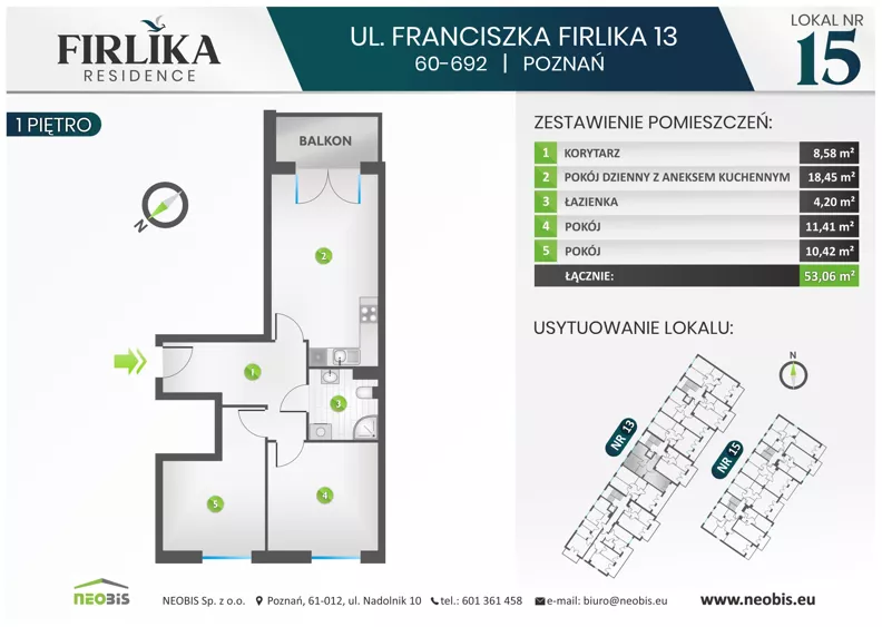 3 pokoje, mieszkanie 53,06 m², piętro 1, oferta nr 13/15, Firlika, Poznań, Piątkowo, Podolany, Ul. Franciszka Firlika 13, 15