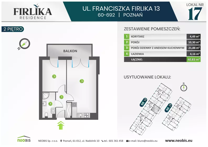 2 pokoje, mieszkanie 40,83 m², piętro 2, oferta nr 13/17, Firlika, Poznań, Piątkowo, Podolany, Ul. Franciszka Firlika 13, 15