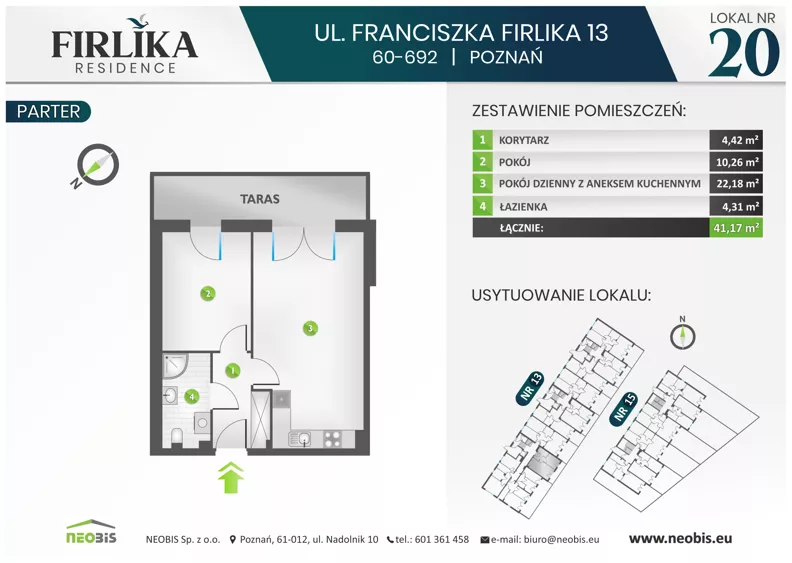 2 pokoje, mieszkanie 41,17 m², parter, oferta nr 13/20, Firlika, Poznań, Piątkowo, Podolany, Ul. Franciszka Firlika 13, 15