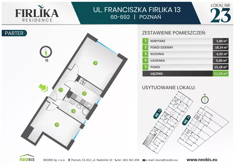 2 pokoje, mieszkanie 51,04 m², parter, oferta nr 13/23, Firlika, Poznań, Piątkowo, Podolany, Ul. Franciszka Firlika 13, 15
