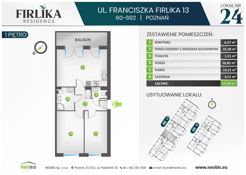 3 pokoje, mieszkanie 59,90 m², piętro 1, oferta nr 13/24, Firlika, Poznań, Piątkowo, Podolany, Ul. Franciszka Firlika 13, 15