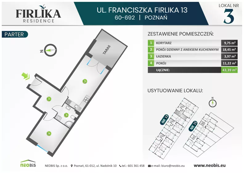 2 pokoje, mieszkanie 43,39 m², parter, oferta nr 13/3, Firlika, Poznań, Piątkowo, Podolany, Ul. Franciszka Firlika 13, 15