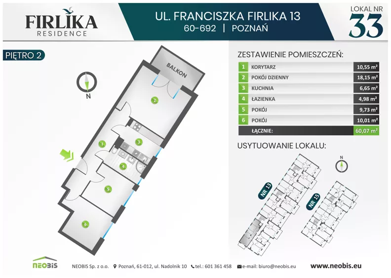 3 pokoje, mieszkanie 60,07 m², piętro 2, oferta nr 13/33, Firlika, Poznań, Piątkowo, Podolany, Ul. Franciszka Firlika 13, 15