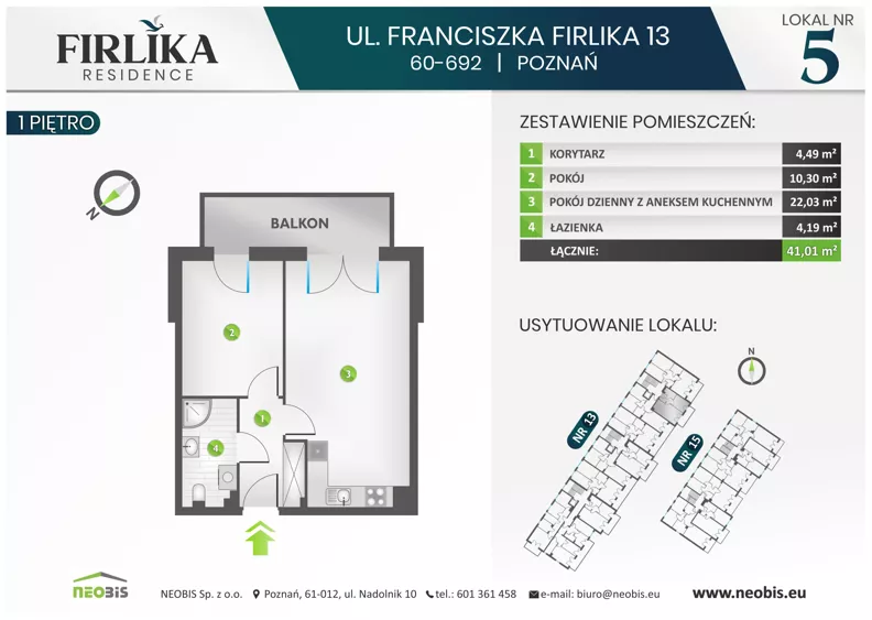 2 pokoje, mieszkanie 41,01 m², piętro 1, oferta nr 13/5, Firlika, Poznań, Piątkowo, Podolany, Ul. Franciszka Firlika 13, 15