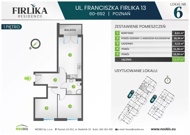 3 pokoje, mieszkanie 52,97 m², piętro 1, oferta nr 13/6, Firlika, Poznań, Piątkowo, Podolany, Ul. Franciszka Firlika 13, 15