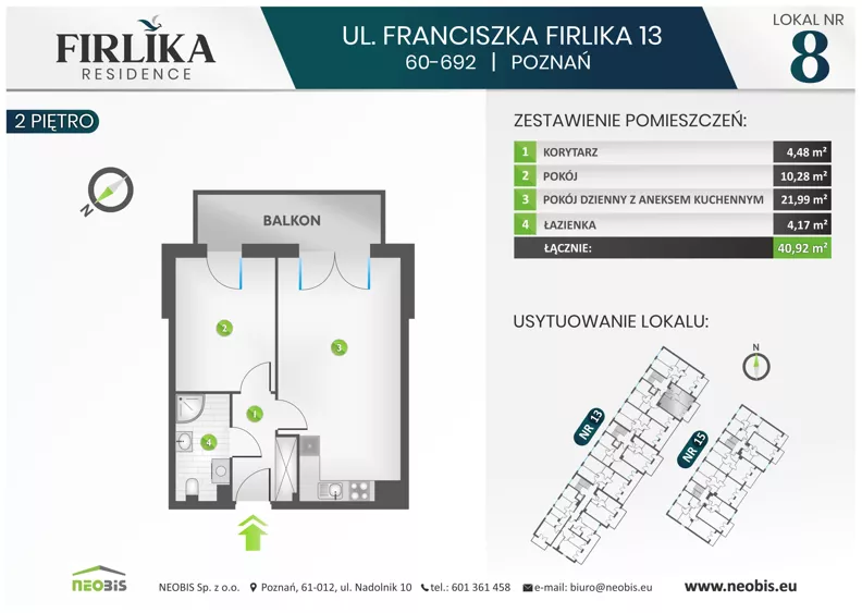2 pokoje, mieszkanie 40,92 m², piętro 2, oferta nr 13/8, Firlika, Poznań, Piątkowo, Podolany, Ul. Franciszka Firlika 13, 15