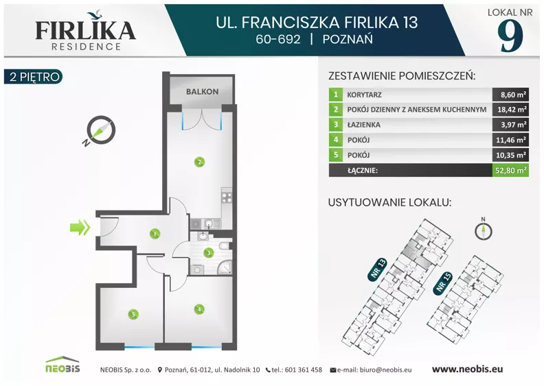 3 pokoje, mieszkanie 52,80 m², piętro 2, oferta nr 13/9, Firlika, Poznań, Piątkowo, Podolany, Ul. Franciszka Firlika 13, 15