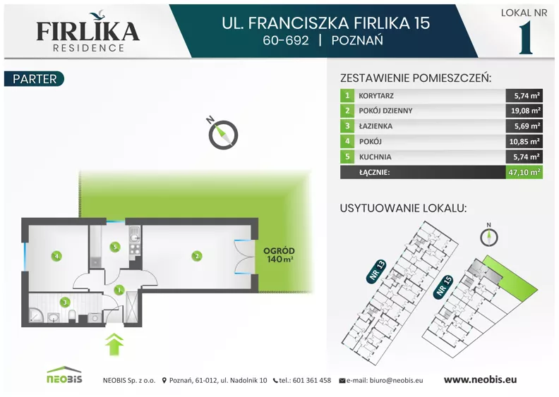 2 pokoje, mieszkanie 47,10 m², parter, oferta nr 15/1, Firlika, Poznań, Piątkowo, Podolany, Ul. Franciszka Firlika 13, 15